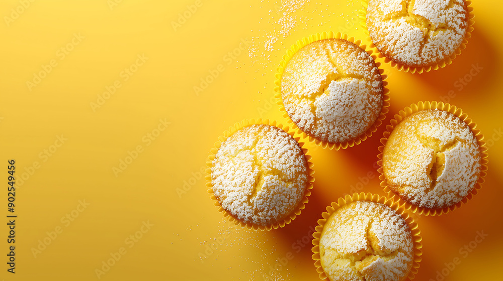 Freshly baked vanilla muffins with powdered sugar on a bright yellow background Freshly baked vanilla muffins with powdered sugar on a bright yellow background