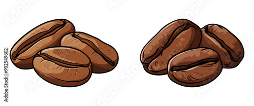 Illustrations of multiple coffee beans, showing texture and detail. Vector illustration.