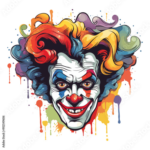 Vivid and colorful illustration of a clown's face with exaggerated features and vibrant hair. Vector illustration.
