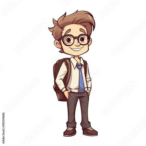 Cartoon vector illustration of a schoolboy with glasses, a backpack, and a big smile.