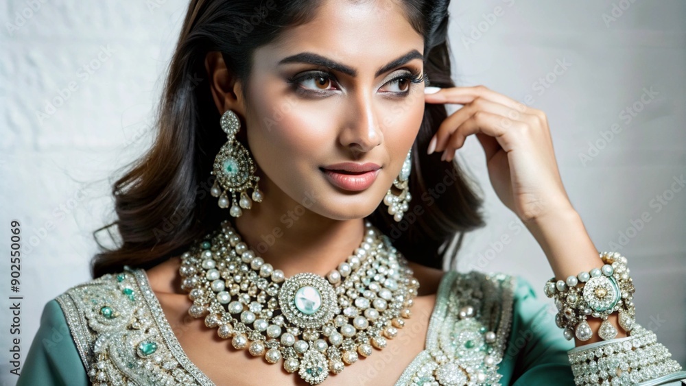 A beautiful Indian girl model showing gorgeous diamond jewellery for advertising purposes, beauty and fashion concept A beautiful Indian girl model showing gorgeous diamond jewellery for advertising purposes, beauty and fashion concept