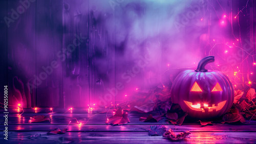 Halloween Jack-O Pumpkin Lantern with Glowing Futuristic Neon Lights photo