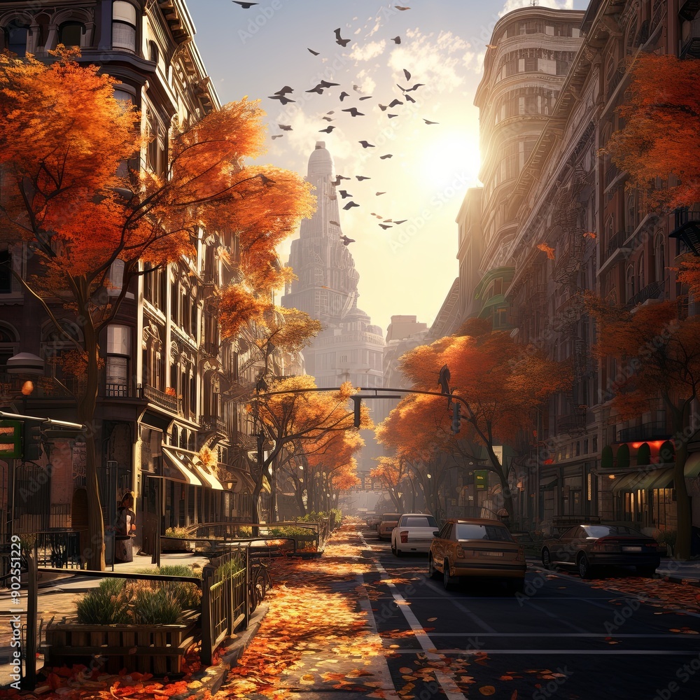 Image of a city street in fall with leaves on trees in background ...