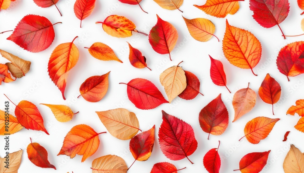 Red and Orange Autumn Leaves Scattered on a White Background Red and Orange Autumn Leaves Scattered on a White Background