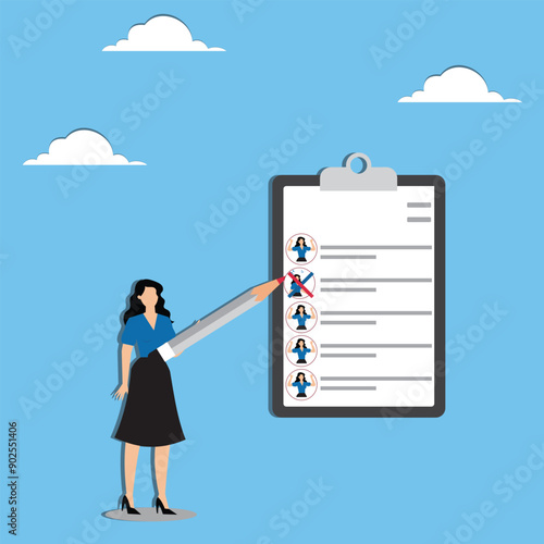 Redundant job, layoff staff or reduce head count, fired employee or worker, losing job from economic recession, dismiss or picking redundant staff concept, businesswoman HR choose redundancy employee