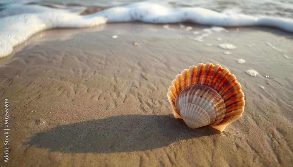 A Single Scallop Shell on a Sandy Beach After the Tide Recedes A Single Scallop Shell on a Sandy Beach After the Tide Recedes