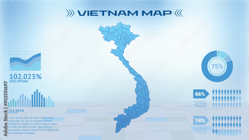 Blue Vietnam Map with States, Political Vietnam infographic map vector illustration Blue Vietnam Map with States, Political Vietnam infographic map vector illustration