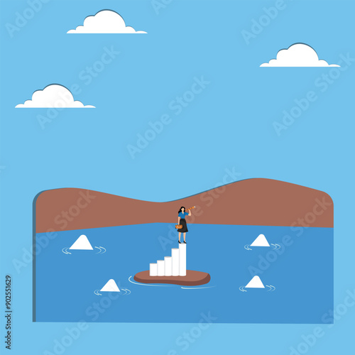Risk management for investment or stock trading, crypto currency or economic, market volatility or uncertainty challenge, investment strategy concept, businesswoman with telescope on risky graph