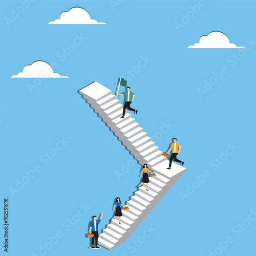 Career path or improvement, growth stair to success, job promotion or business competition, aspiration or motivation to succeed concept, business people walk up stair to next level floor to the top.