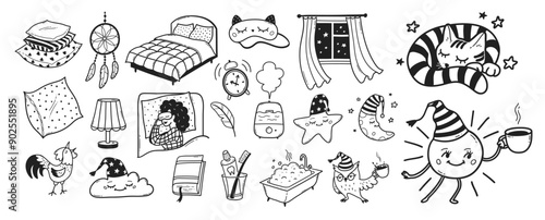 Bedtime sleep vector line art hand drawn illustrations set
