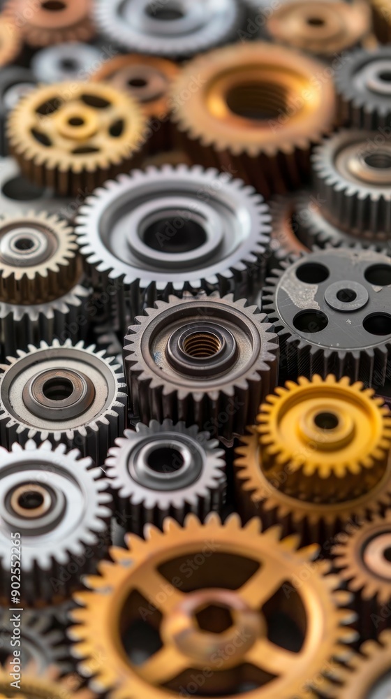 closeup of interlocking metal gears in various sizes and colors - mechanical engineering concept closeup of interlocking metal gears in various sizes and colors - mechanical engineering concept