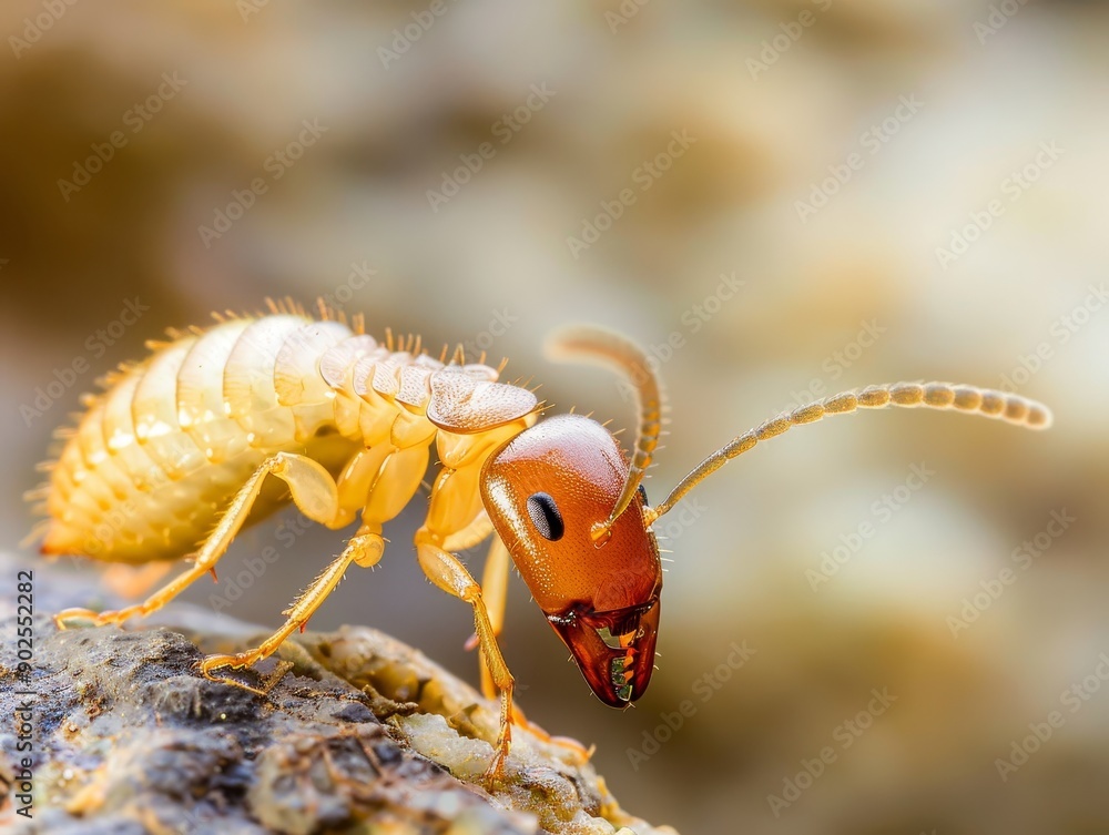 macro graphy of a single termite with detailed features - closeup of insect with red head and antennae macro graphy of a single termite with detailed features - closeup of insect with red head and antennae