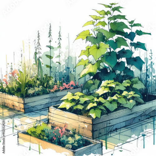 Cucumbers Galore: Watercolor Sketch of an Eco-Friendly Urban Garden