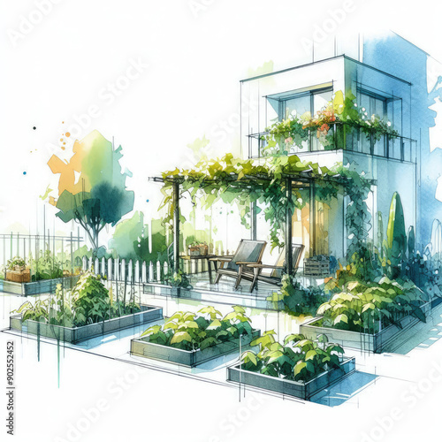 Eco-Friendly Gardening: Watercolor Illustration of Cucumber Plants in an Urban Garden