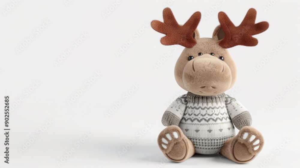 Fototapeta premium Sweet Plush Moose Toy Dressed in Cozy Sweater Sitting on White Background