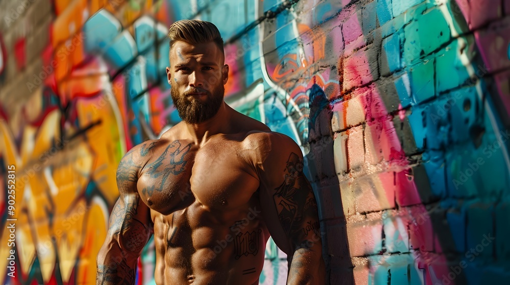 Muscular Bodybuilder Showcasing Strength and Urban Culture in Front of Colorful Graffiti Wall Muscular Bodybuilder Showcasing Strength and Urban Culture in Front of Colorful Graffiti Wall
