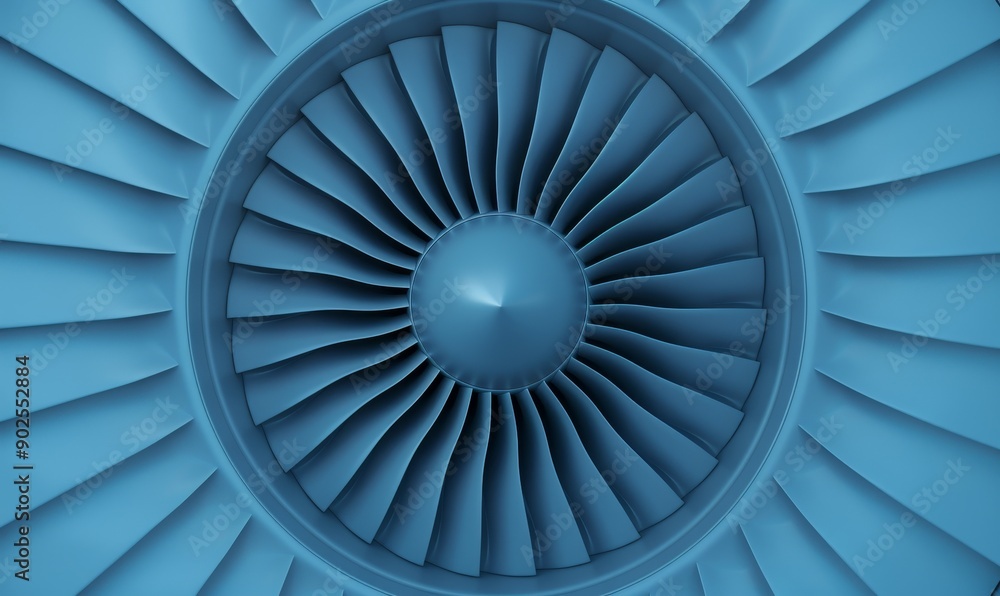 Fototapeta premium close-up of a blue airplane engine fan blade turbine, abstract circular pattern, aerospace technology, engineering design, industrial machinery, power