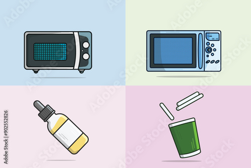 Collection of Microwave ovens with Disposable cups and Oil Dropper Glass Bottle vector illustrations.