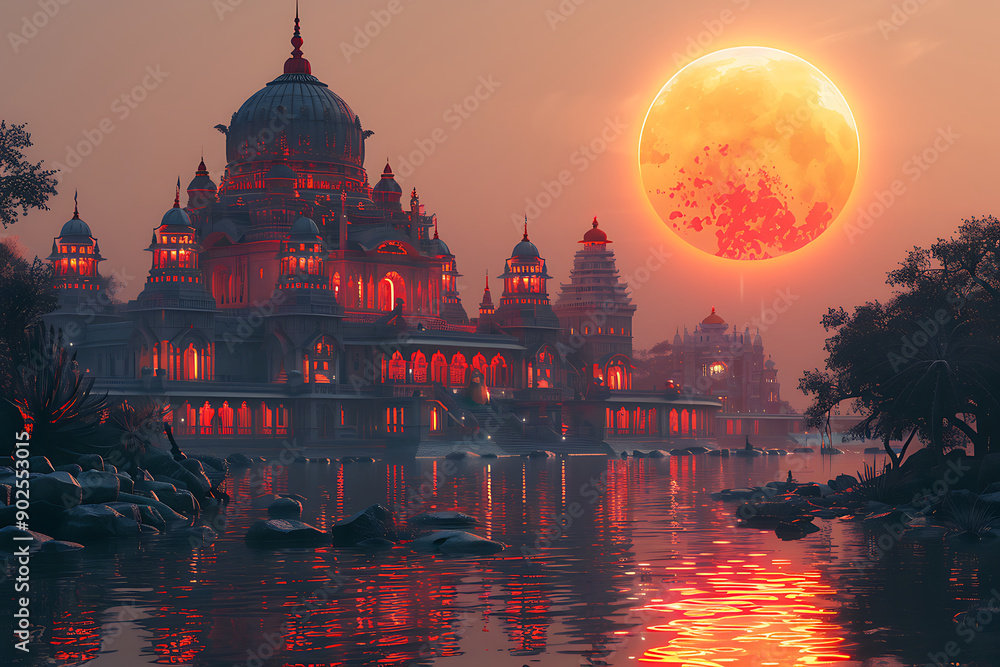 Fototapeta premium Shadow Buddhism and temple on dark pink vector illustration background. Magha puja day