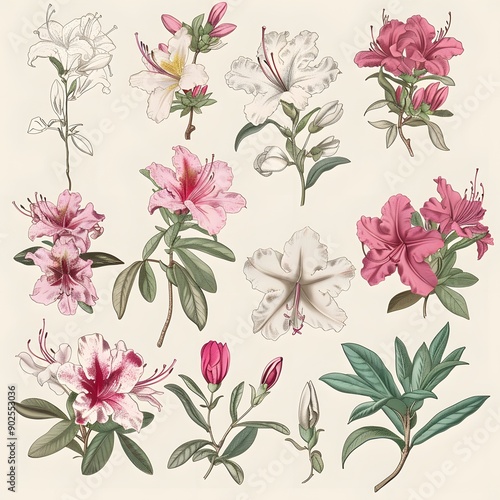 Detailed illustration of various azalea flowers in different stages of bloom.