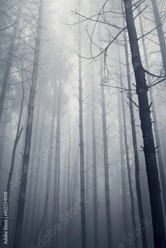 Tall Misty Forest Trees Illuminated in Ethereal Light During an Early Morning Fog