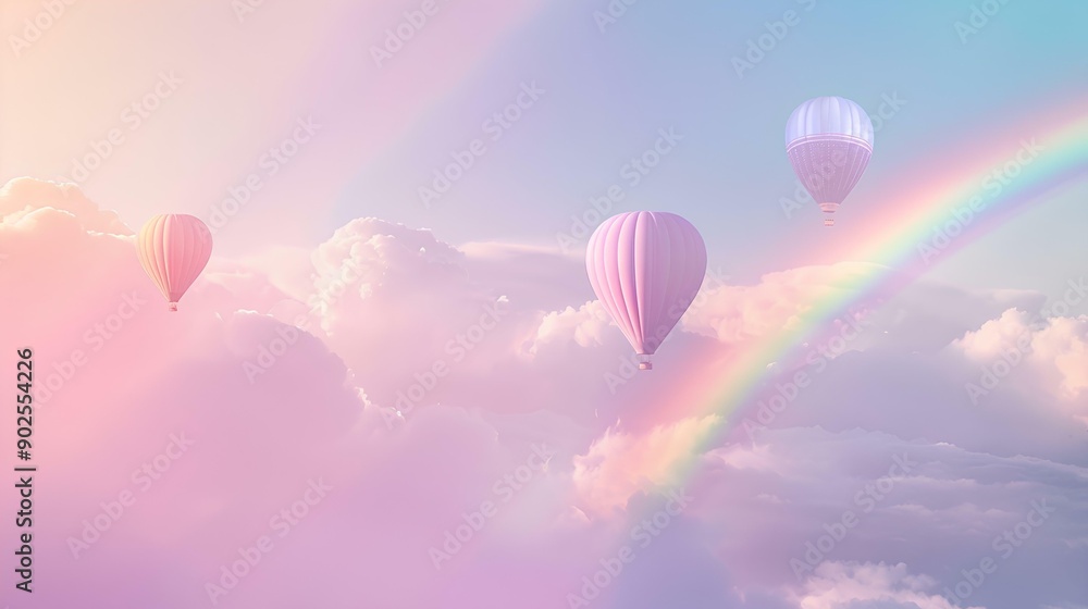 Obraz premium A serene pastel sky with soft clouds and a rainbow, featuring whimsical hot air balloons floating in the background, atmosphere of tranquility and fantasy