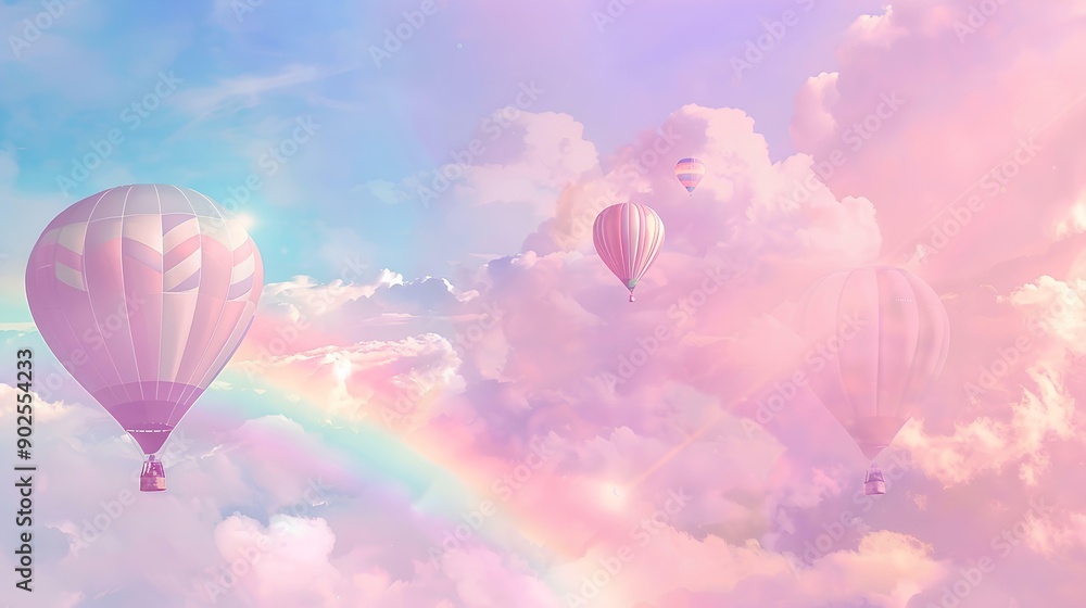A serene pastel sky with soft clouds and a rainbow, featuring whimsical hot air balloons floating in the background, atmosphere of tranquility and fantasy A serene pastel sky with soft clouds and a rainbow, featuring whimsical hot air balloons floating in the background, atmosphere of tranquility and fantasy