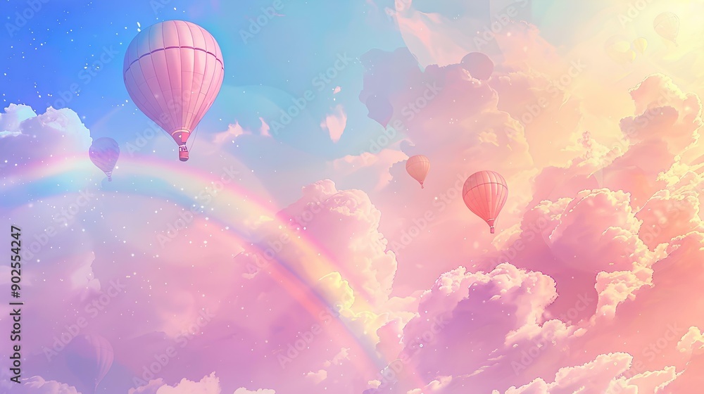 Obraz premium A serene pastel sky with soft clouds and a rainbow, featuring whimsical hot air balloons floating in the background, atmosphere of tranquility and fantasy