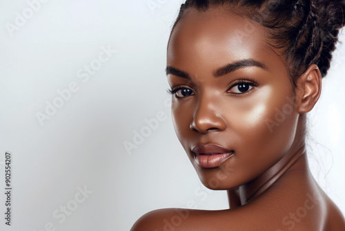 Close-Up Portrait of a Young Black Woman with Beautiful Skin: Facial Treatment, Cosmetology, Skin Care, and Spa Concept, Isolated on White Background