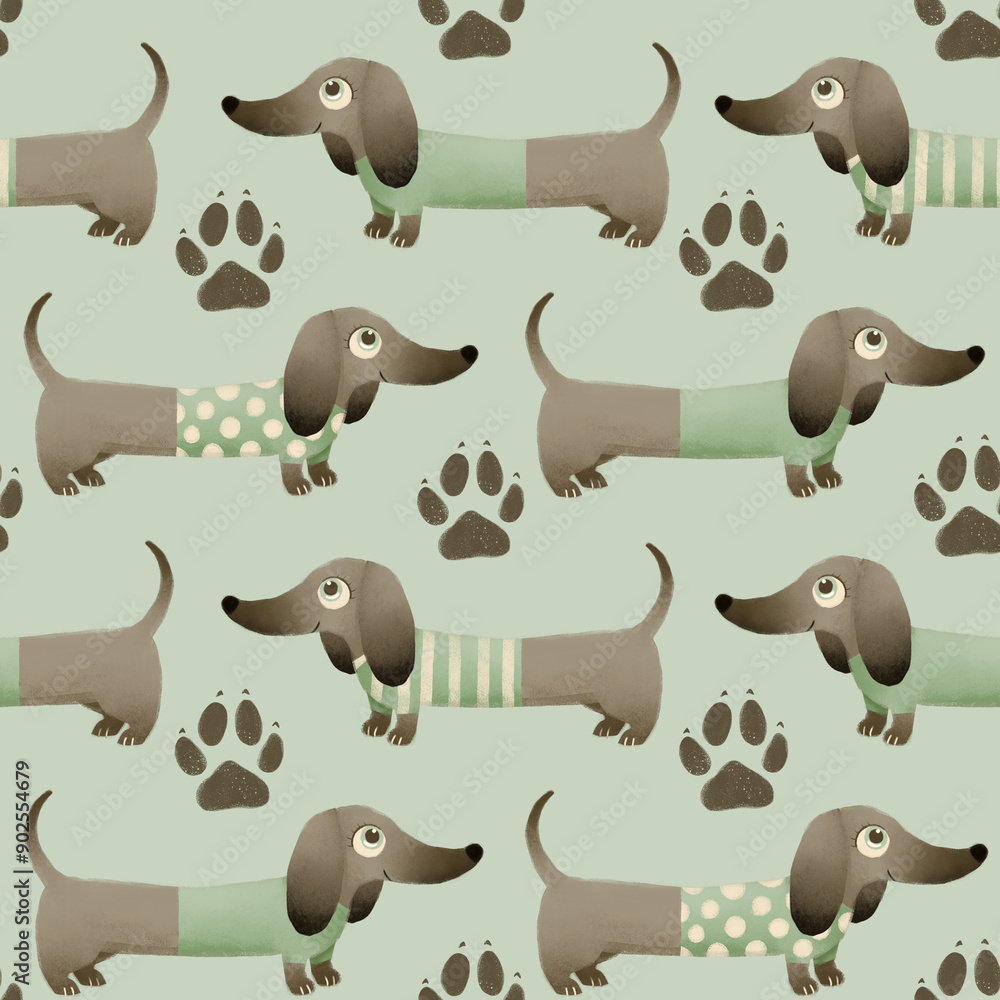 seamless pattern with cute cartoon dachshund on minty background seamless pattern with cute cartoon dachshund on minty background