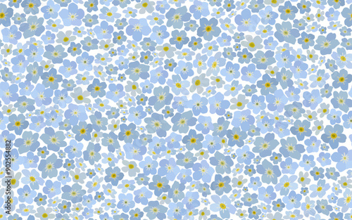 seamless pattern with a lot of forget-me-nots, a thick carpet with delicate Myosotis flowers on a white background. Use for patterns on fabric, bedding, advertising, posters, etc. Vector illustration