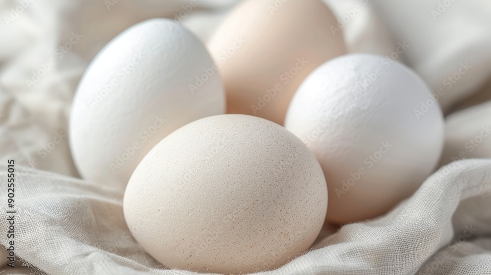 close-up of four fresh white and brown eggs on white linen fabric - minimalist kitchen food graphy for recipe or cooking blog. close-up of four fresh white and brown eggs on white linen fabric - minimalist kitchen food graphy for recipe or cooking blog.