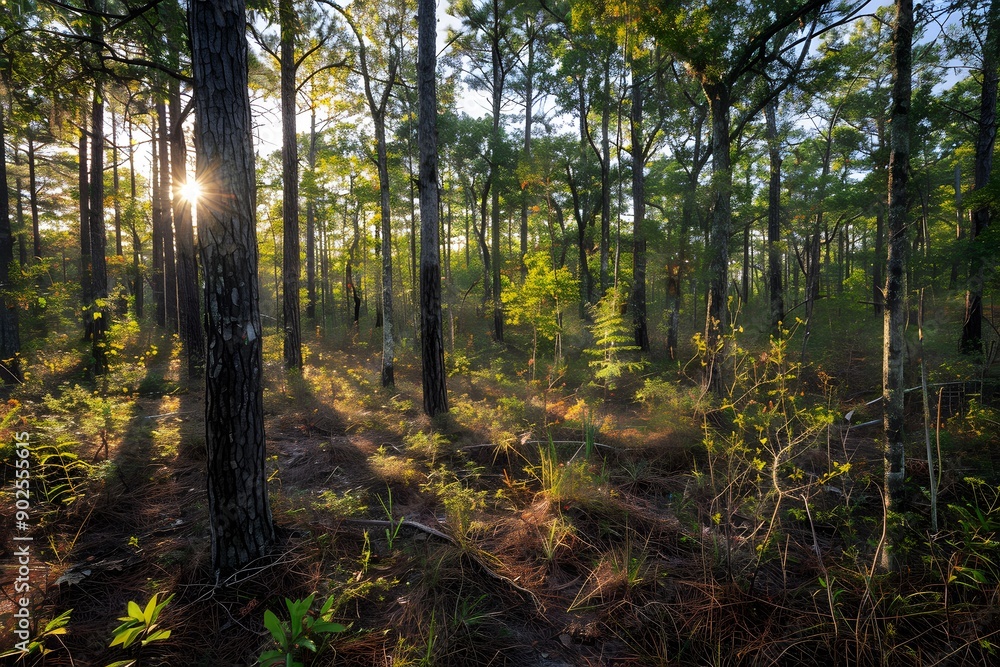 Obraz premium Sunlight filters through tall pine trees in a serene forest setting.