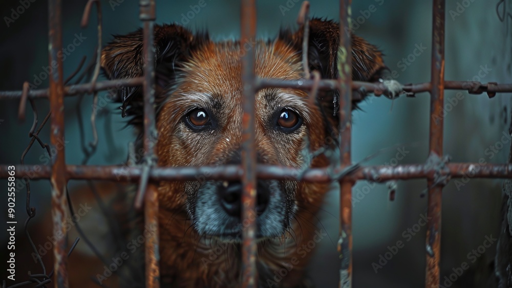 Sad Abandoned Dog in Shelter Behind Rusty Cage - Haunting Animal ...