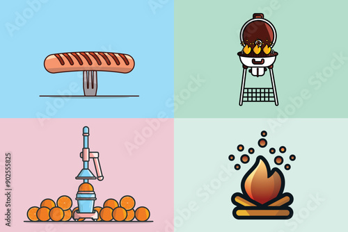 Collection of BBQ drill with burning fire and Manual Juice Squeezer with Oranges vector illustration.