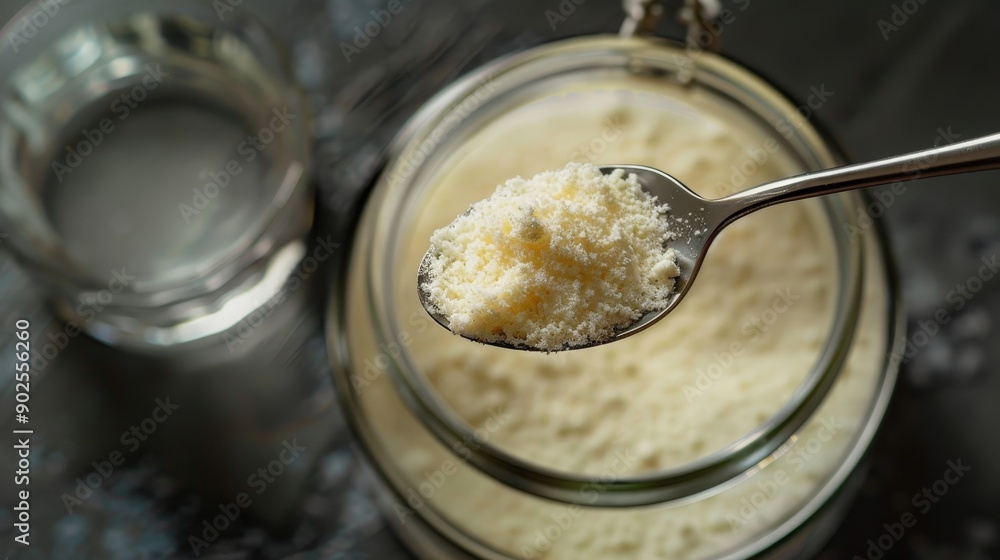 A spoon filled with powdered collagen is held above a jar, showcasing the fine texture and nutritional supplement preparation in a kitchen environment A spoon filled with powdered collagen is held above a jar, showcasing the fine texture and nutritional supplement preparation in a kitchen environment