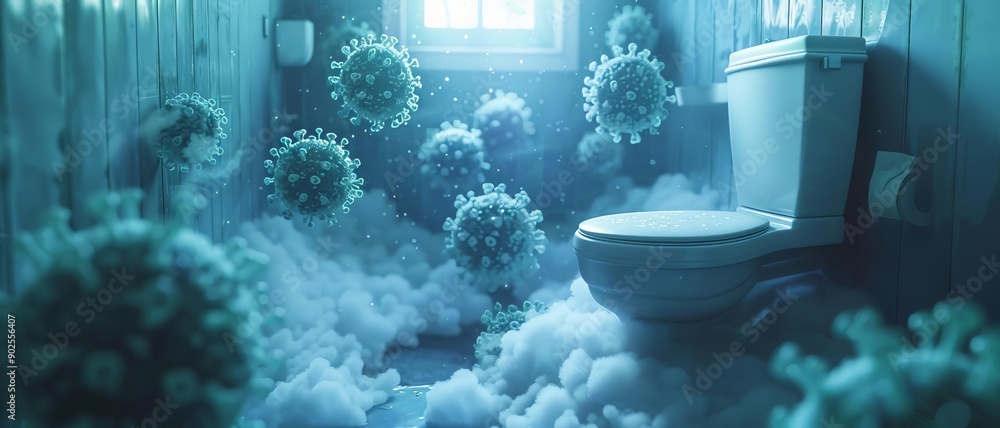 Bathroom air filled with airborne germs, germs, bathroom, representing ...