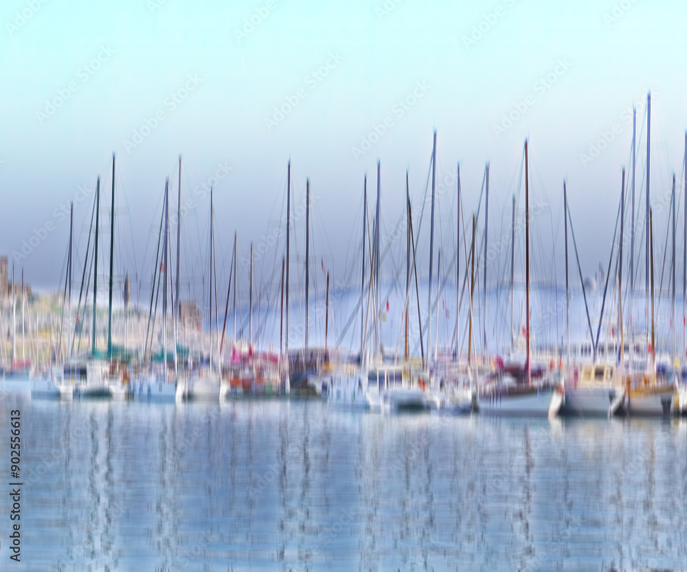 Fototapeta premium Ship, harbor and ocean for cargo, travel and transportation with shipment, water and sunshine. Boat, sailing and sea as landscape in New York with sky for international export, delivery and trade