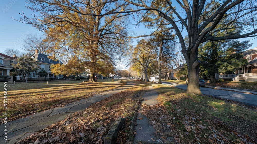 A street with a sidewalk and a few trees A street with a sidewalk and a few trees