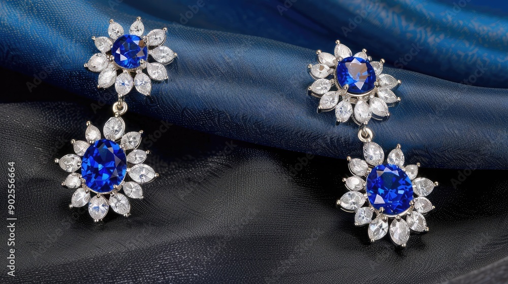 Elegant Blue Sapphire And Diamond Earrings Resting On Luxurious Fabric Elegant Blue Sapphire And Diamond Earrings Resting On Luxurious Fabric