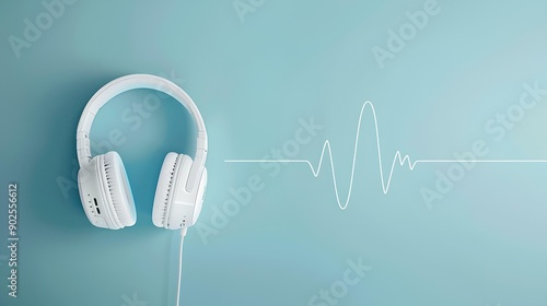 headphones on light blue background with white heart beat line, minimalistic design, light blue color theme photo