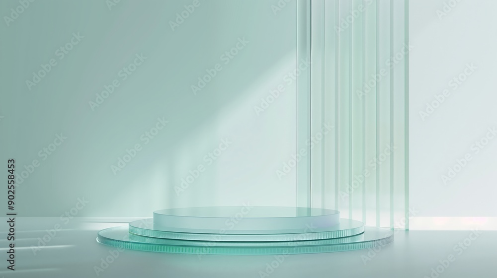 A glass podium in light blue tones with vertical stripes.