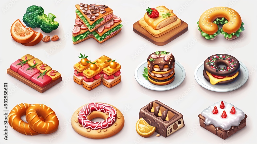 3D Isometric Cartoon Food Set Isolated on White Background 3D Isometric Cartoon Food Set Isolated on White Background