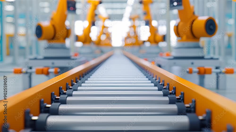 Modern automated conveyor belt system with robotic arms in a high-tech factory. Industrial manufacturing and automation technology. Modern automated conveyor belt system with robotic arms in a high-tech factory. Industrial manufacturing and automation technology.