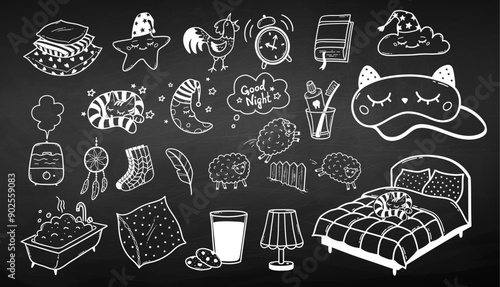 Good night vector chalk drawn illustrations collection. Bedtime sleeping hygiene objects, characters and accessories