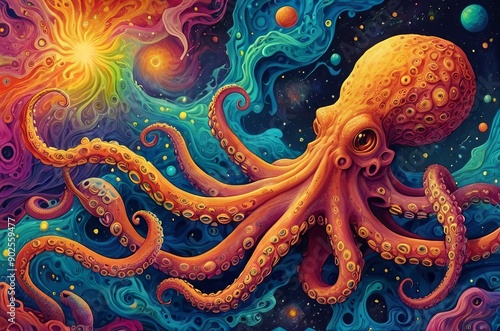 Octopus in fractals and swirls of psychedelic art photo