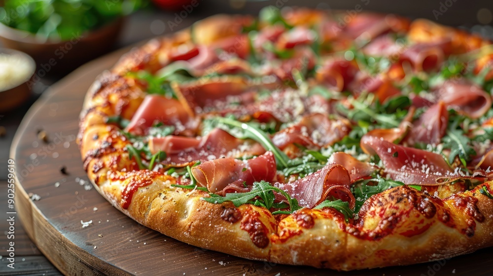 Prosciutto and arugula pizza with thin slices of prosciutto, fresh arugula, and parmesan shavings