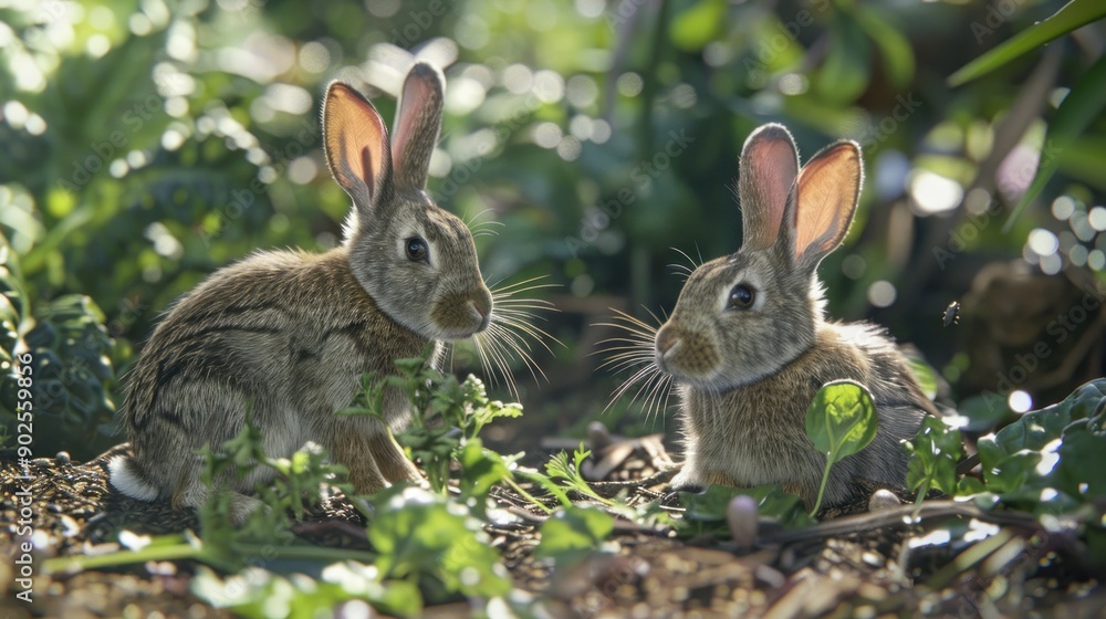 Rabbits nibbling on greens in a biodynamic farm garden, gentle and sustainable management Rabbits nibbling on greens in a biodynamic farm garden, gentle and sustainable management