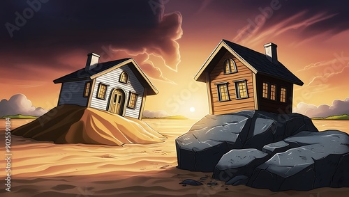 A home built on the beach as opposed to one built on a rock. The wise and stupid builders' parable. Matthew's gospel. Taking Absorb and applying the lessons that Jesus taught. dusk sky