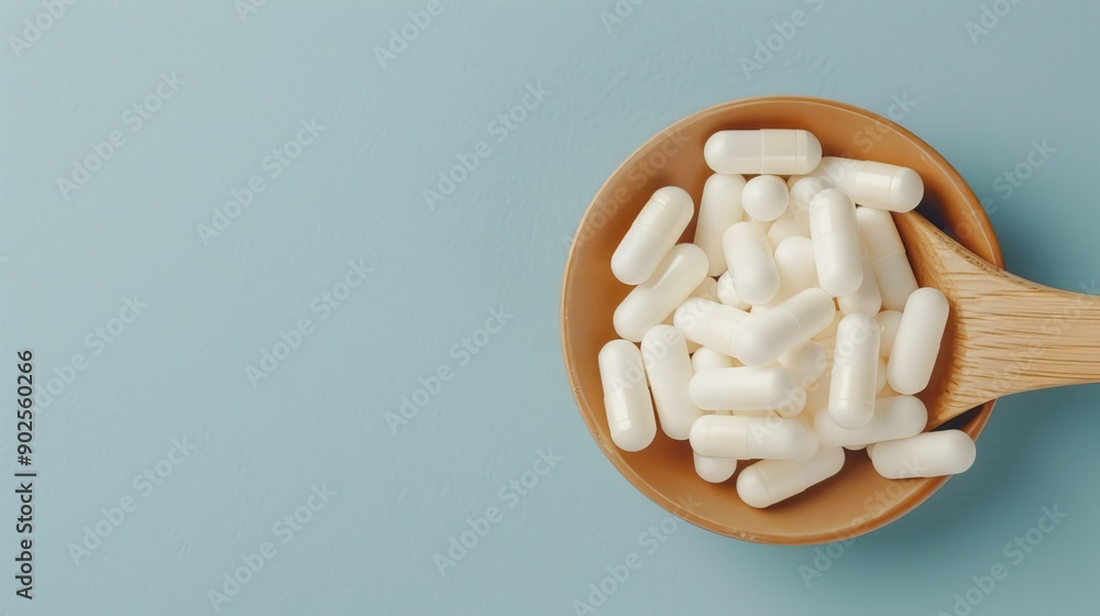 White Dietary Supplements in a Wooden Bowl on a Light Blue Background White Dietary Supplements in a Wooden Bowl on a Light Blue Background